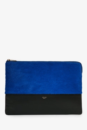 Celine Black/Blue Leather/Pony Hair Zip Clutch