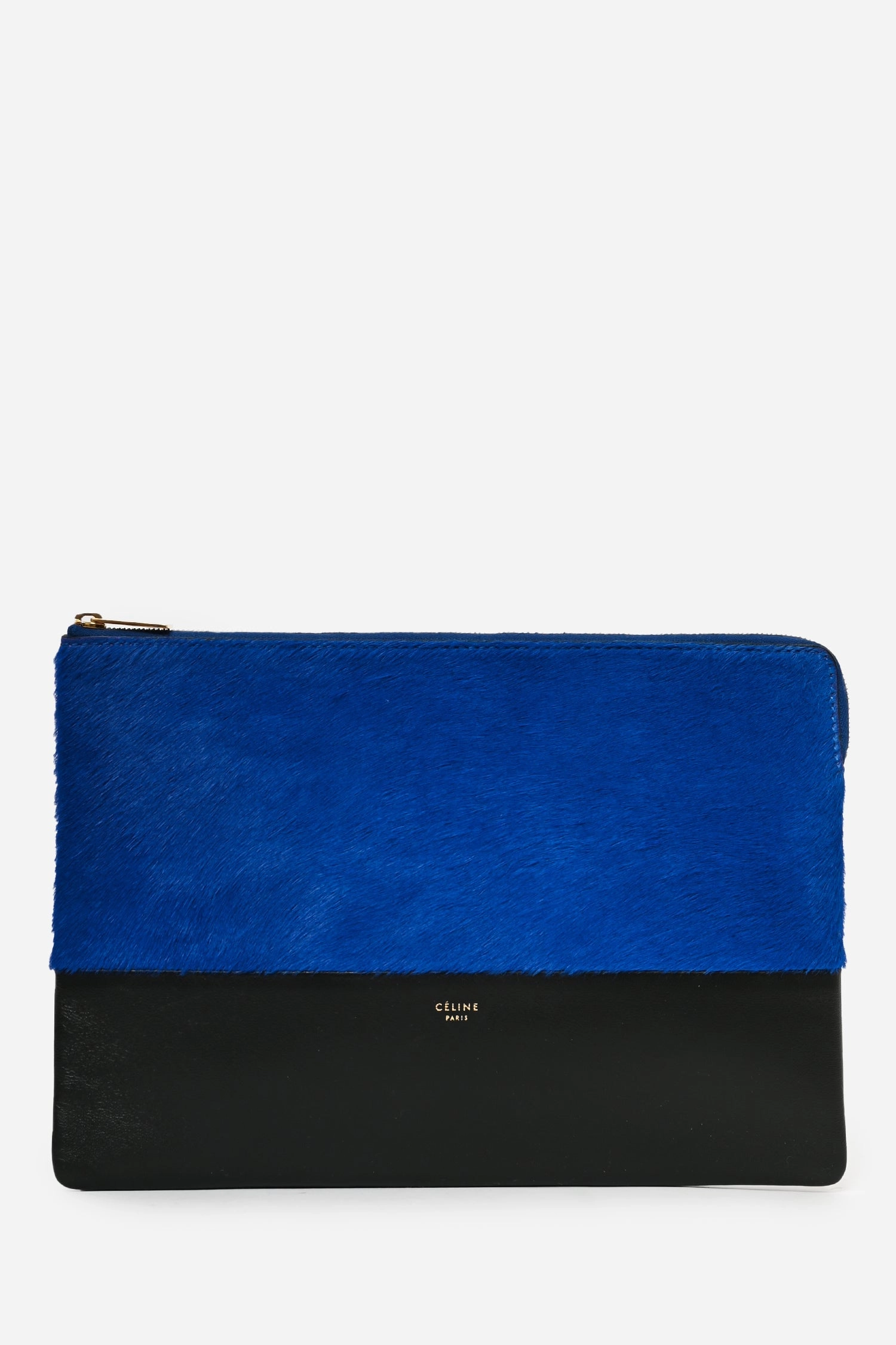 Celine Black/Blue Leather/Pony Hair Zip Clutch