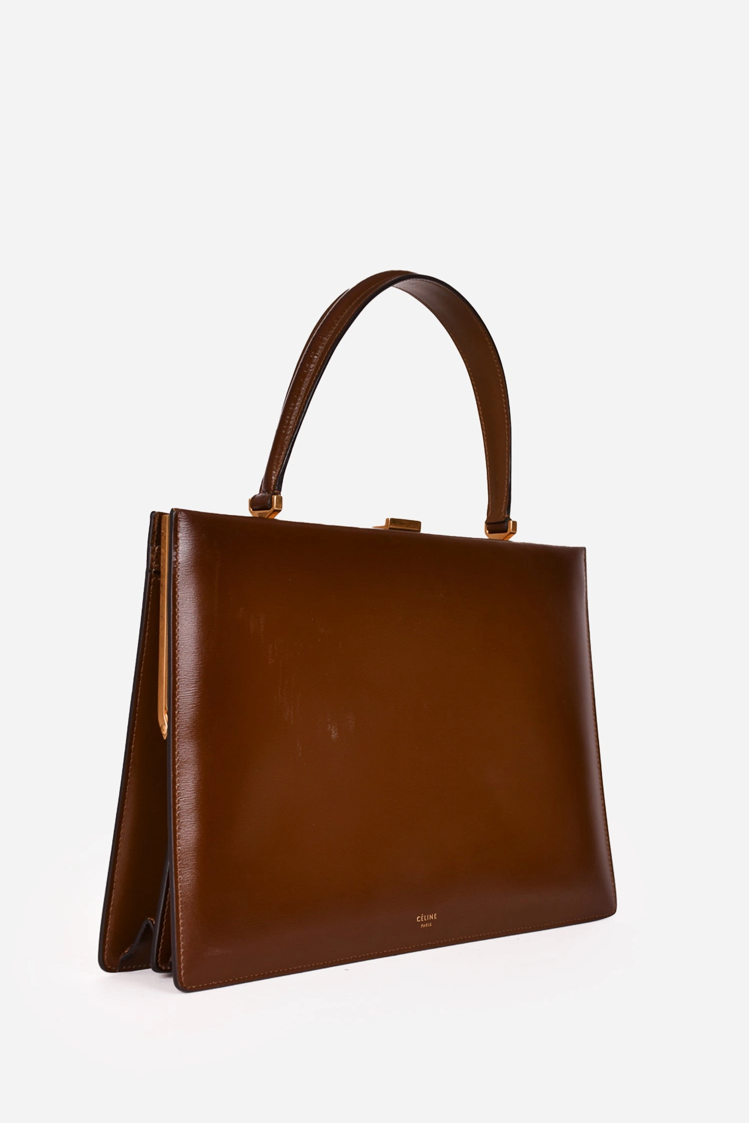 Celine Brown Leather Clasp Medium Top Handle