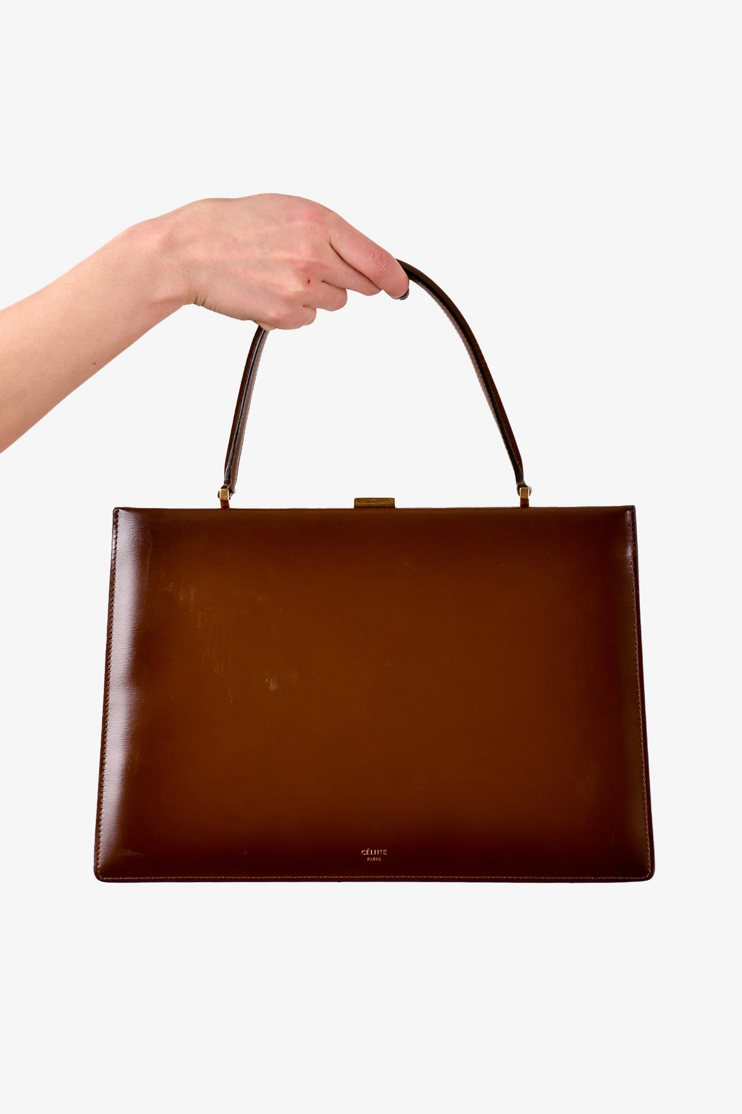 Celine Brown Leather Clasp Medium Top Handle