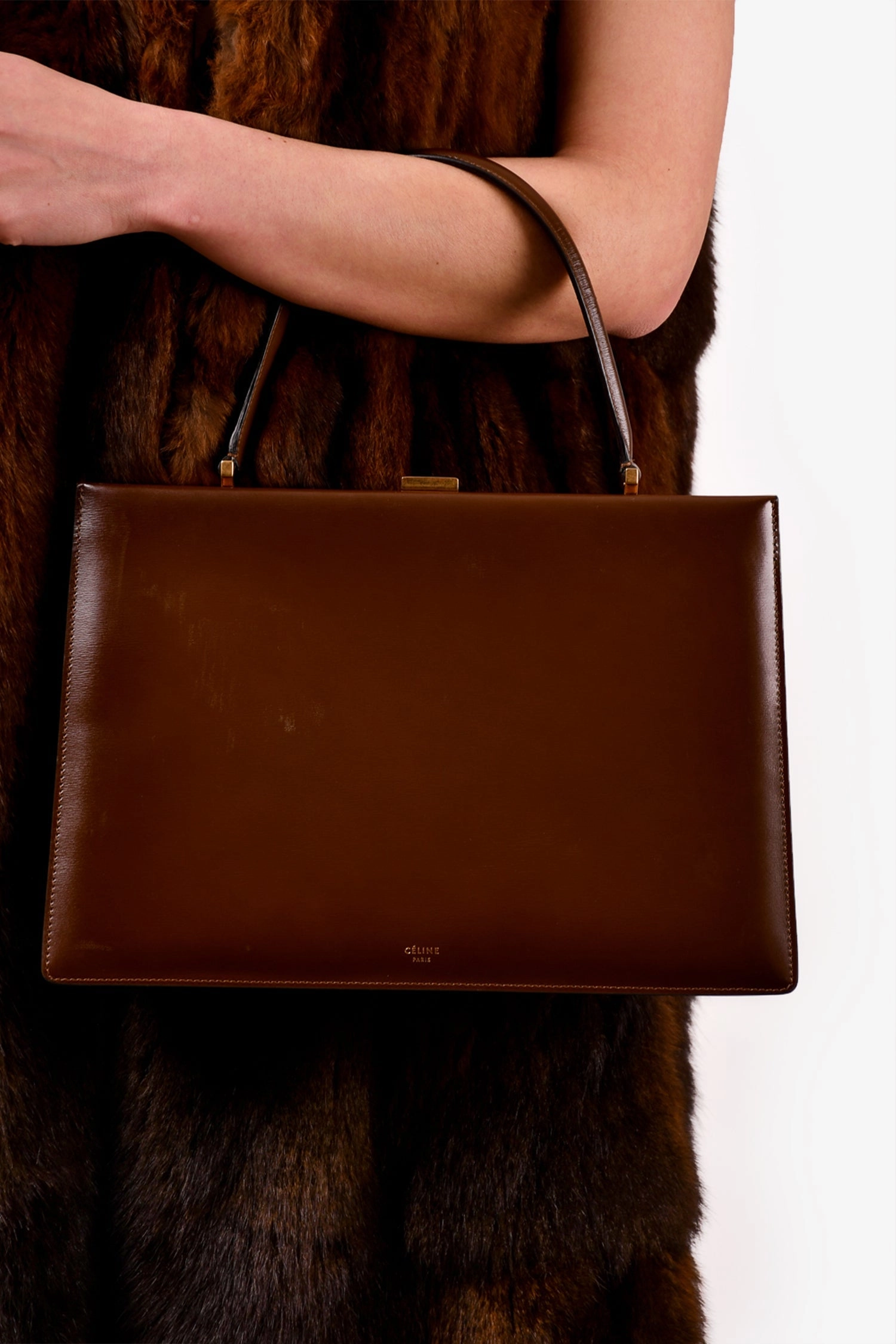 Celine Brown Leather Clasp Medium Top Handle