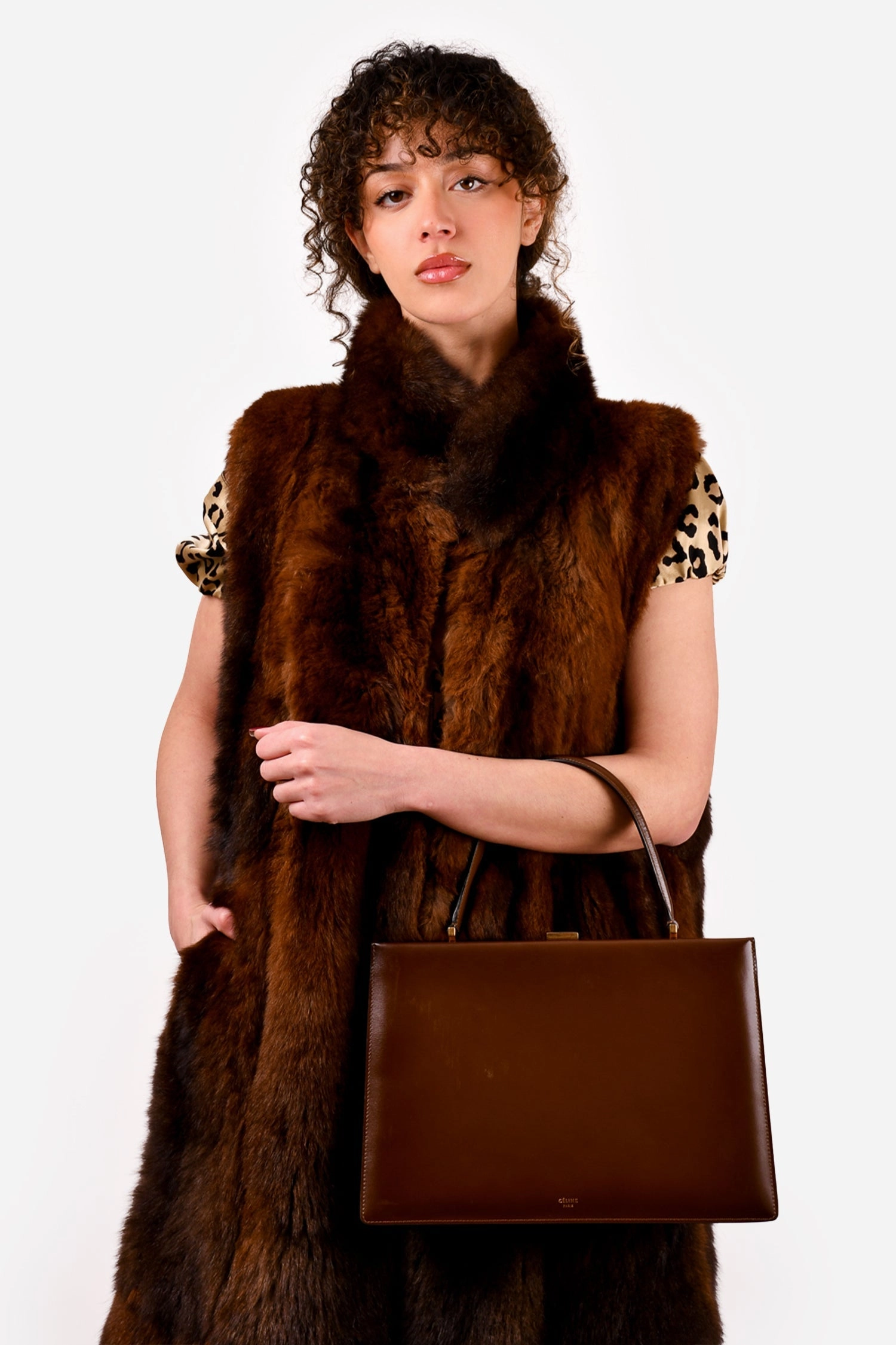 Celine Brown Leather Clasp Medium Top Handle
