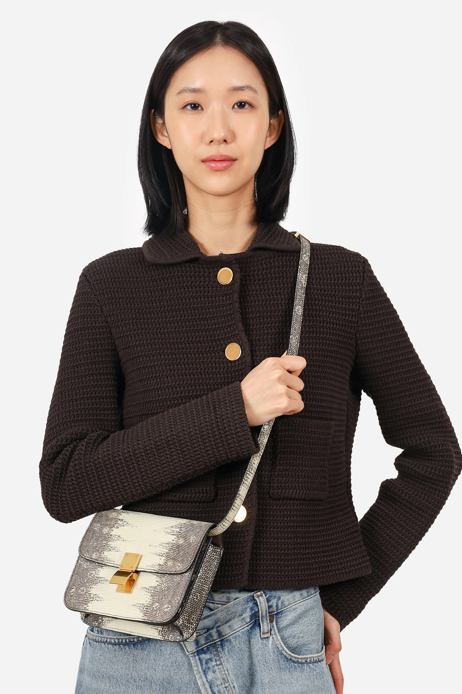 Celine Grey/Cream Lizard Box Teen Bag with Strap