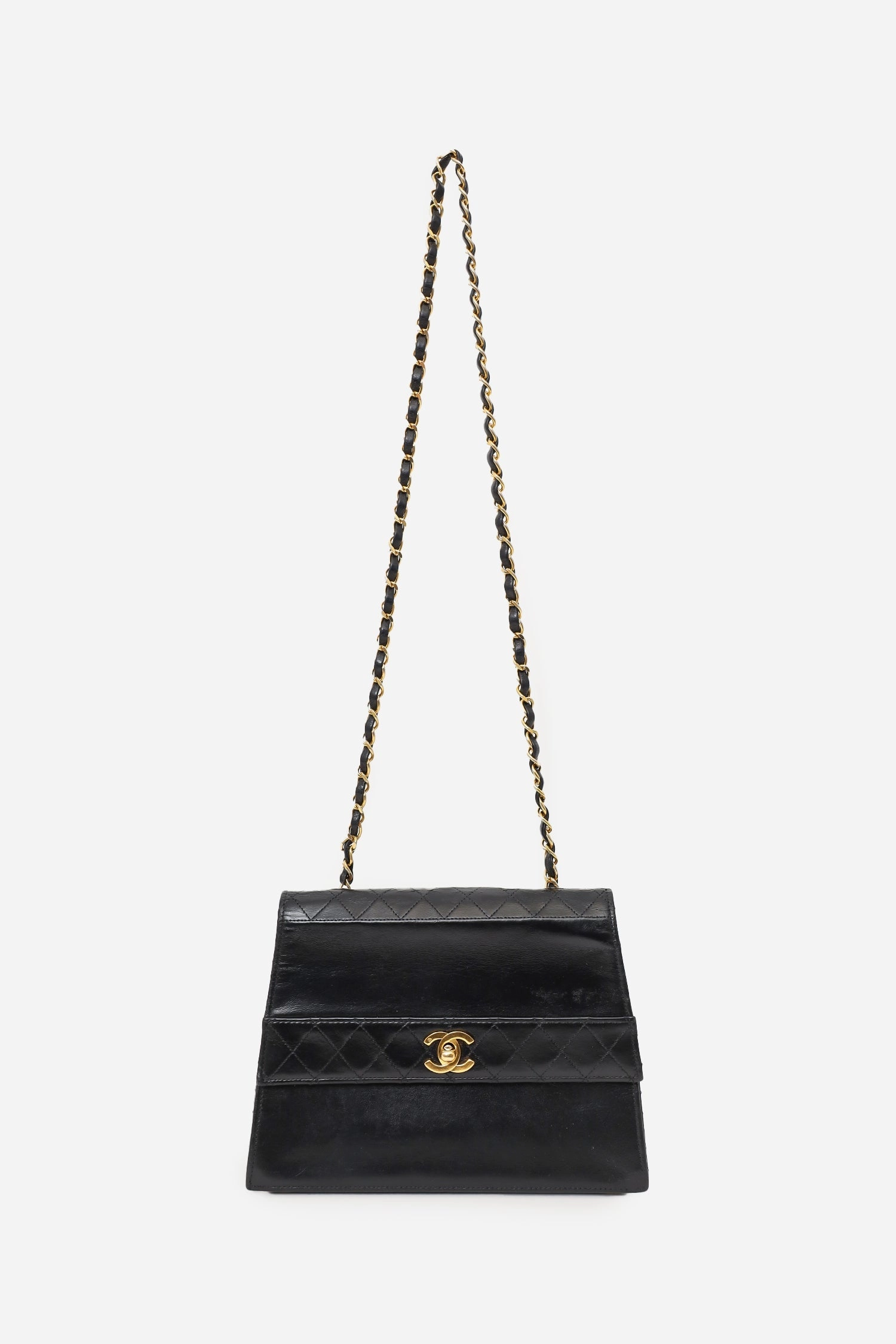 Chanel 1989-91 Black Lambskin Leather Trapezoid Flap Bag 'Refurbished'