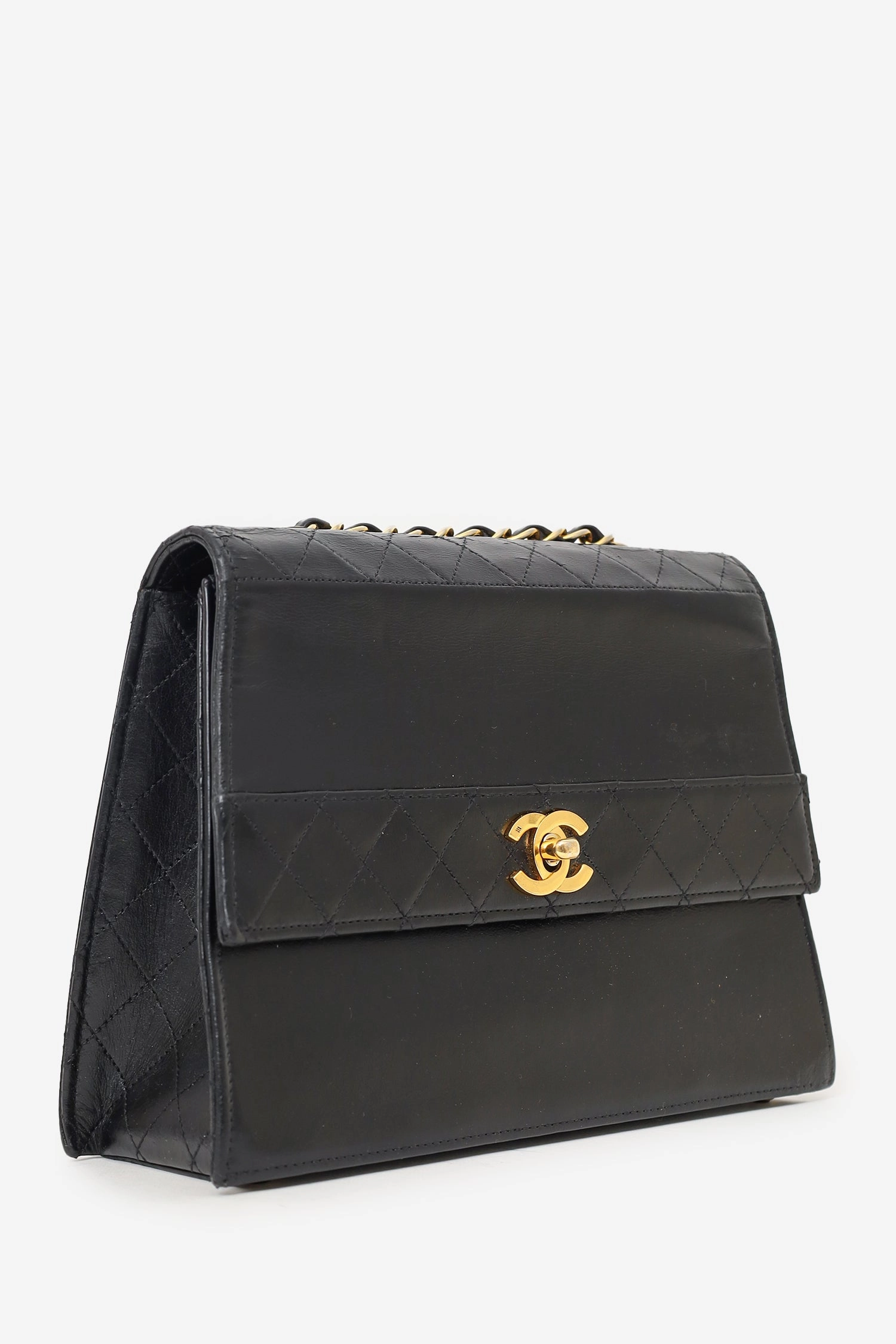 Chanel 1989-91 Black Lambskin Leather Trapezoid Flap Bag 'Refurbished'