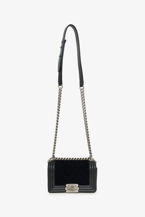 Chanel 2017 Black/Navy Velvet/Calfskin Small Boy Bag