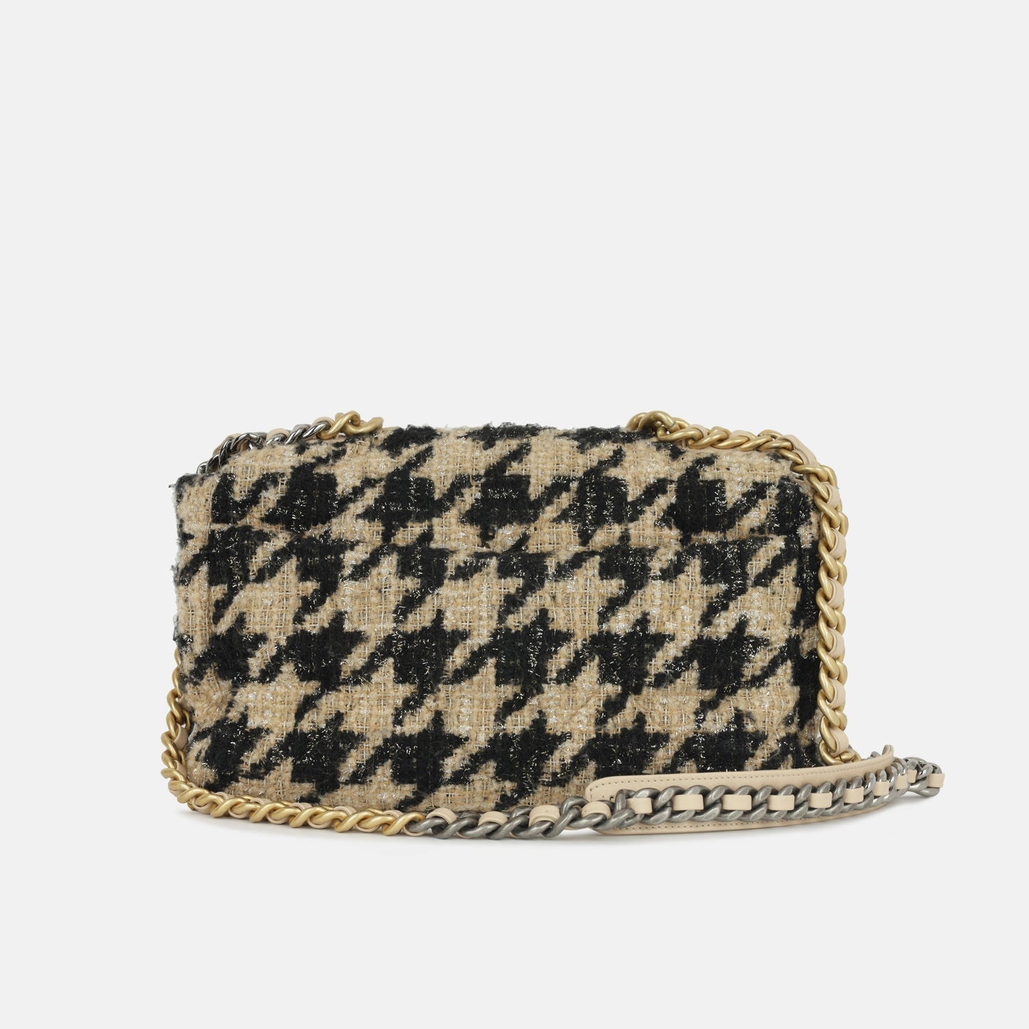 Chanel - Chanel 19 Large Flap Bag - Beige/Black Houndstooth Tweed MHW - Pre-Loved