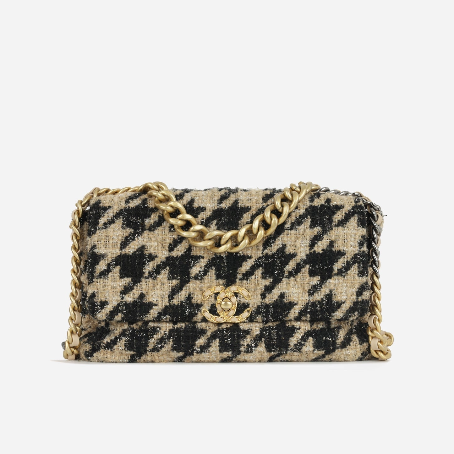 Chanel - Chanel 19 Large Flap Bag - Beige/Black Houndstooth Tweed MHW - Pre-Loved