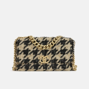 Chanel - Chanel 19 Large Flap Bag - Beige/Black Houndstooth Tweed MHW - Pre-Loved