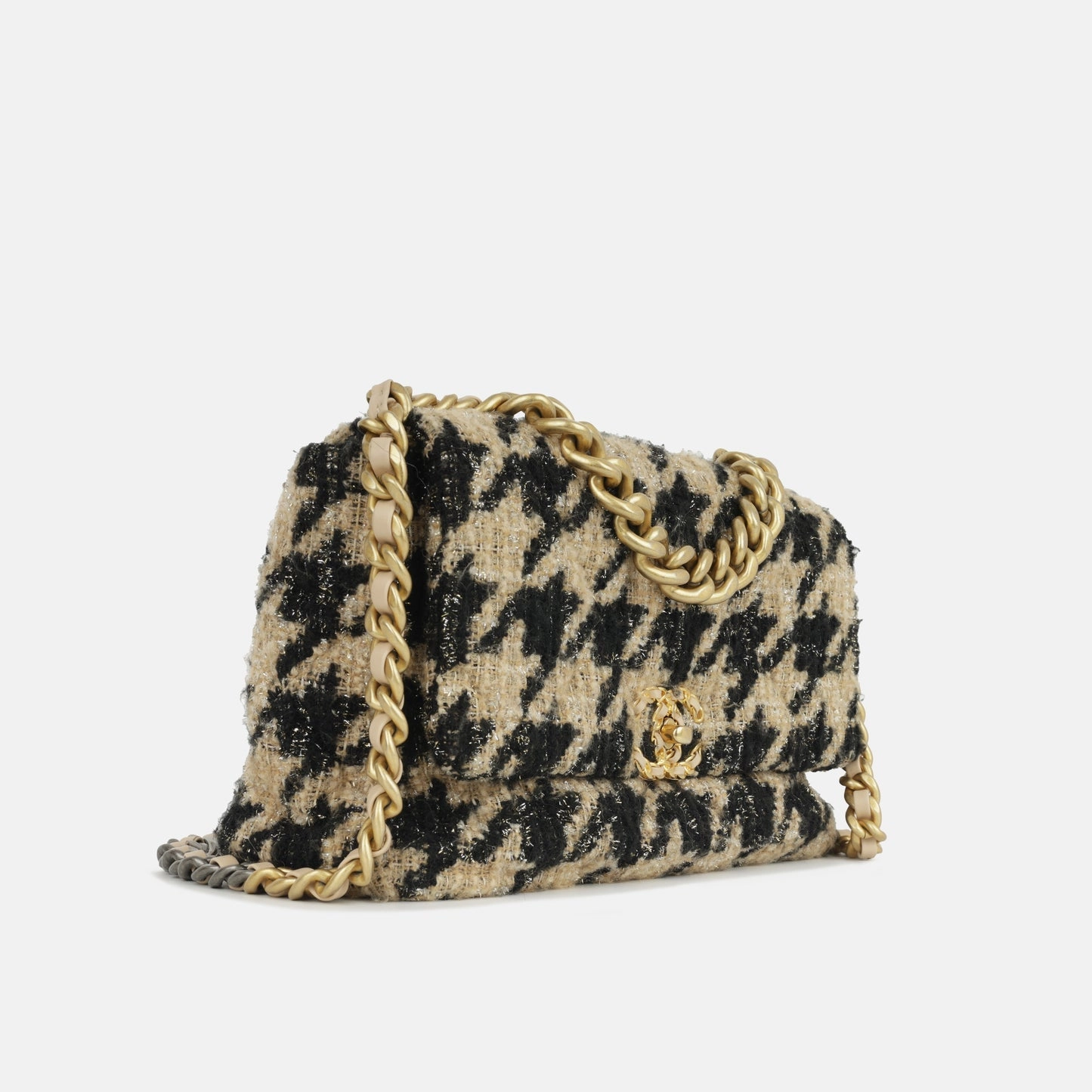 Chanel - Chanel 19 Large Flap Bag - Beige/Black Houndstooth Tweed MHW - Pre-Loved