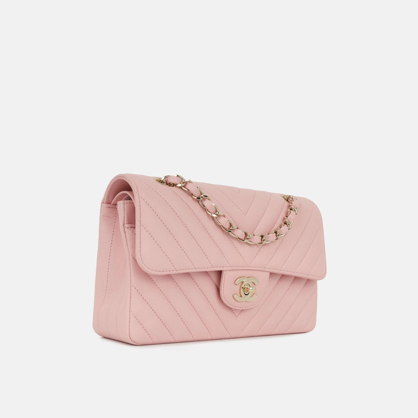 Chanel - Small Classic Flap Bag - Pink Chevron Caviar CGHW - 2021 - Pre-Loved