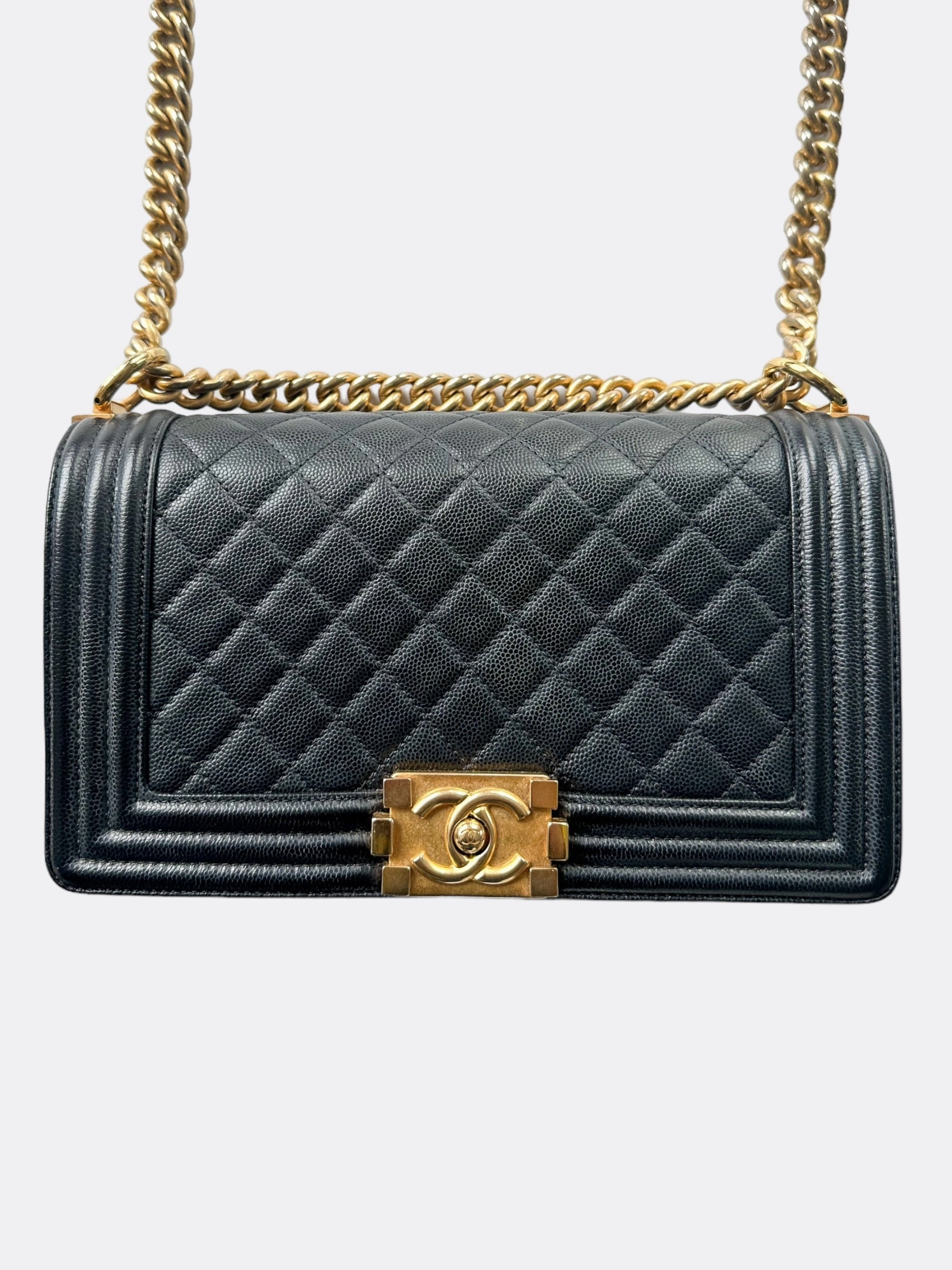Chanel Black & Gold Calfskin Quilted Medium Boy Bag