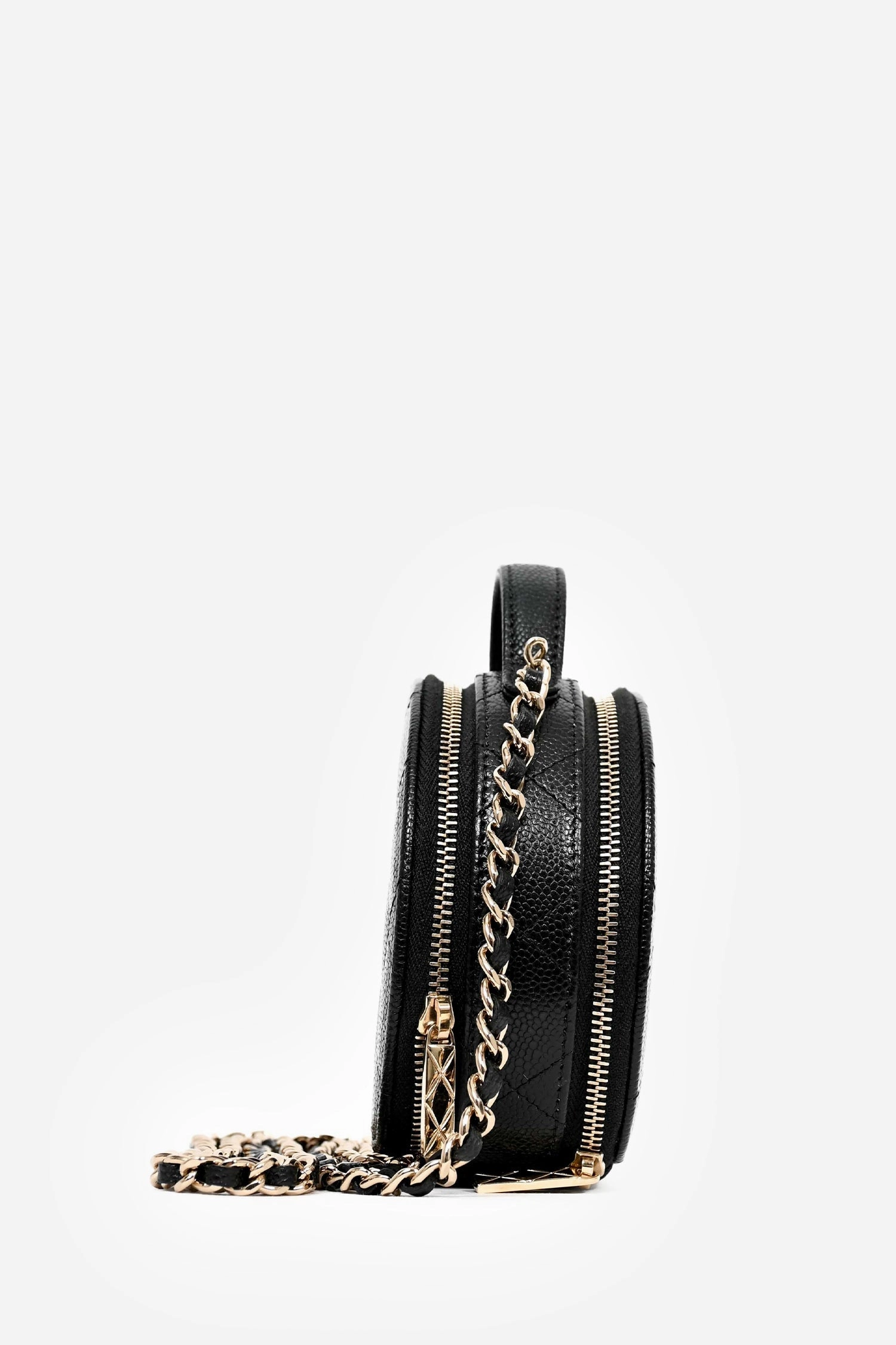 Chanel Black Caviar Leather Round Mini 'Handle with Care' Vanity with Chain