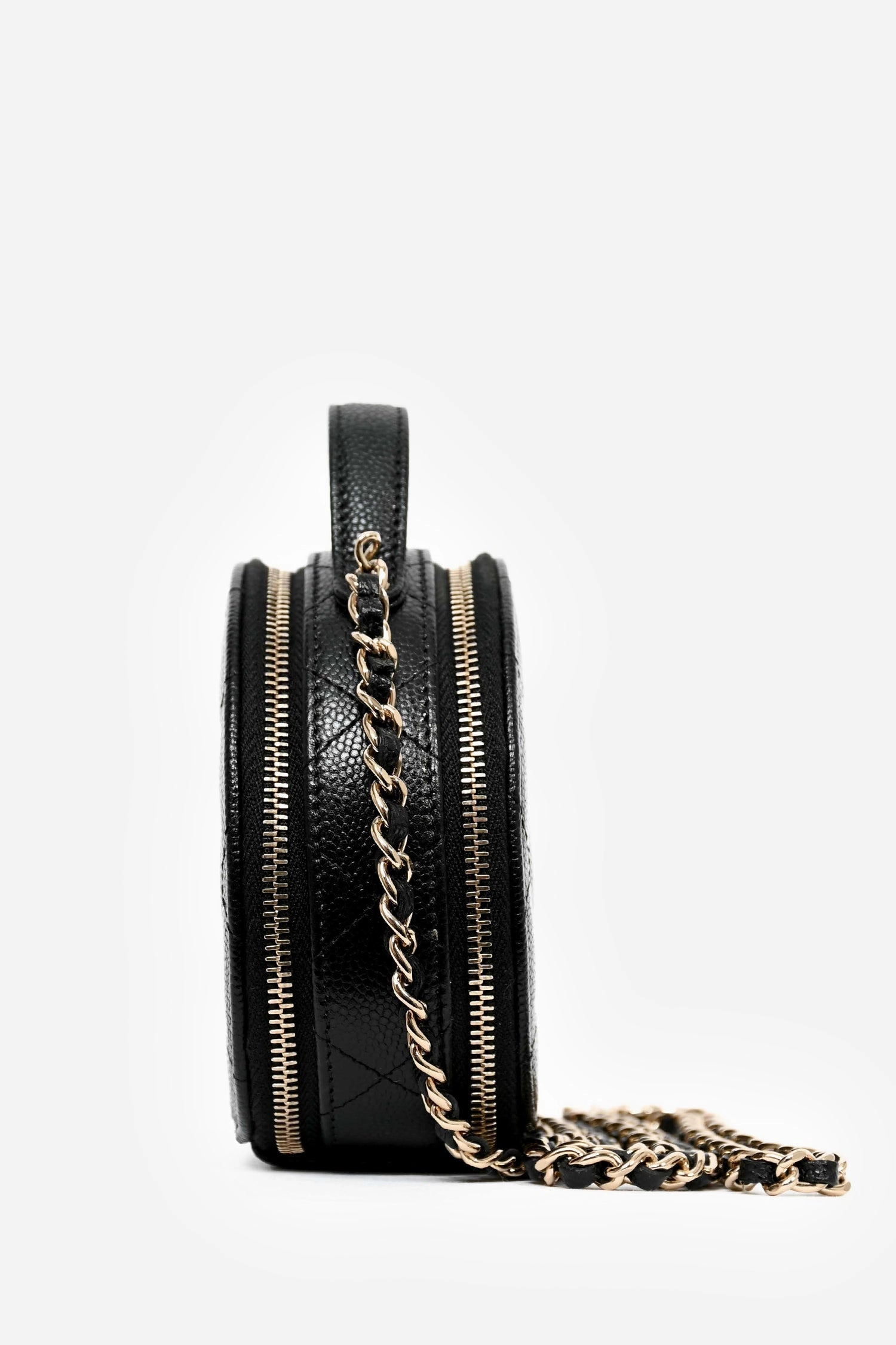 Chanel Black Caviar Leather Round Mini 'Handle with Care' Vanity with Chain
