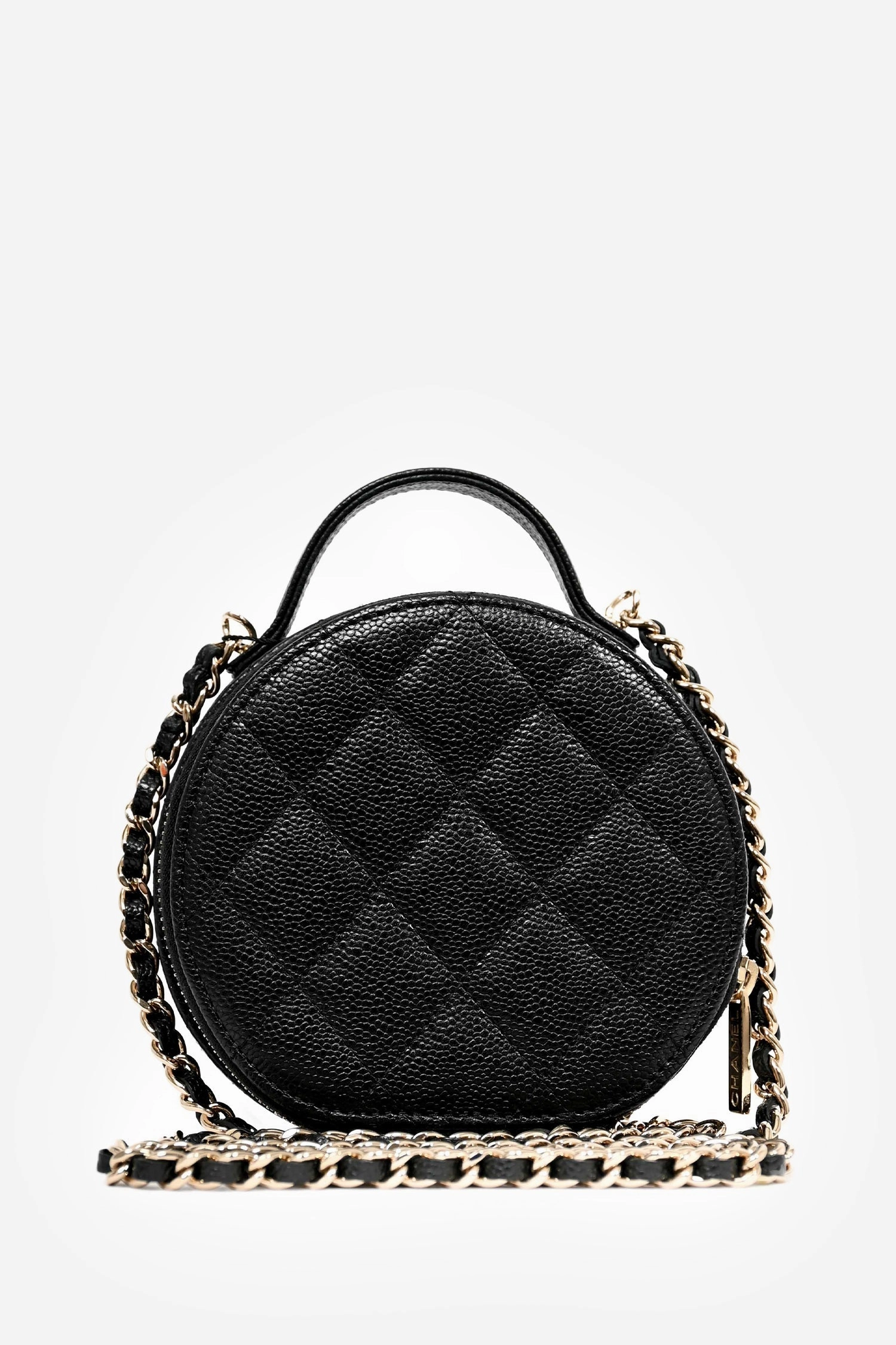 Chanel Black Caviar Leather Round Mini 'Handle with Care' Vanity with Chain