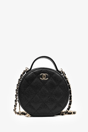 Chanel Black Caviar Leather Round Mini 'Handle with Care' Vanity with Chain