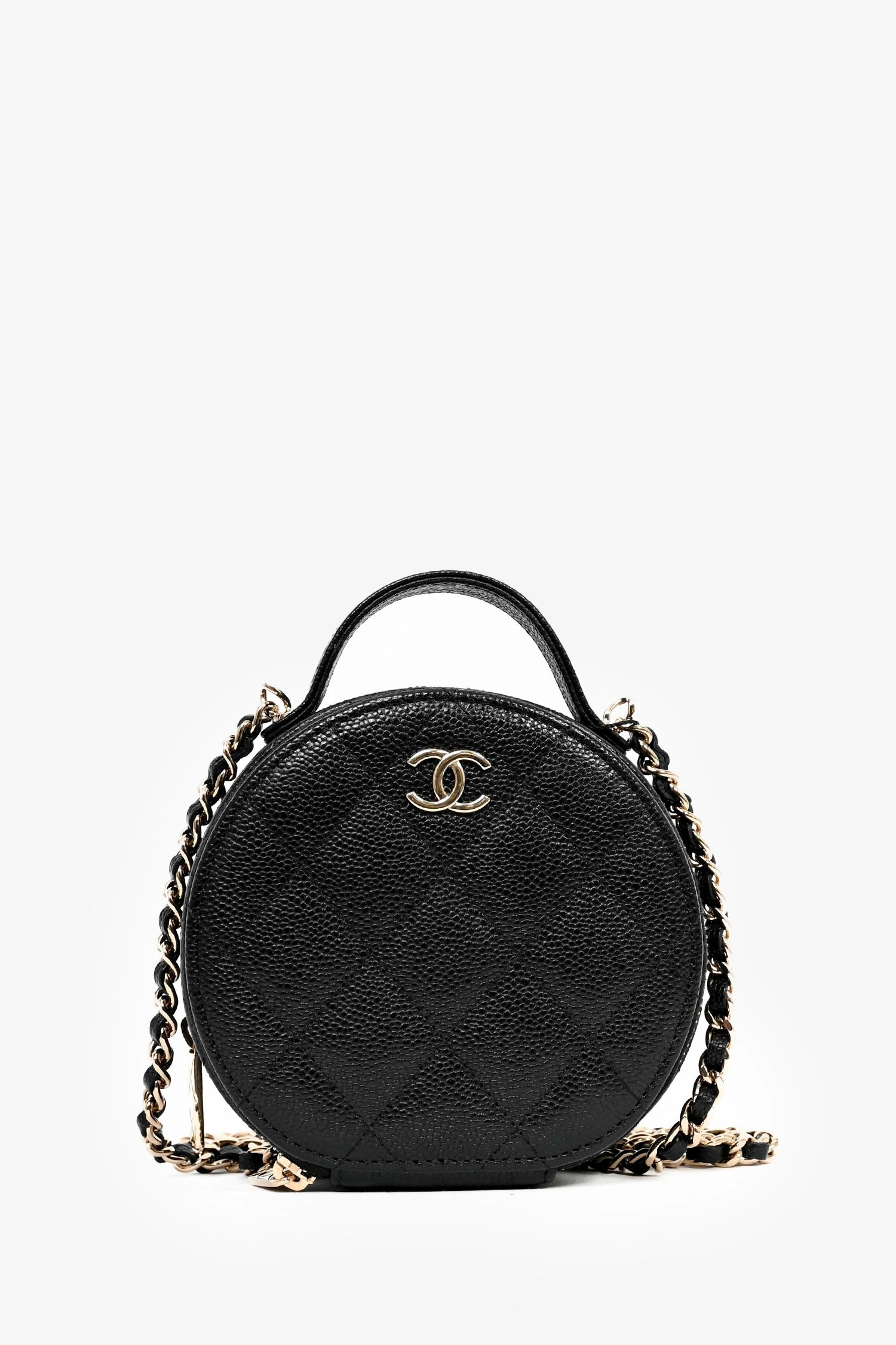 Chanel Black Caviar Leather Round Mini 'Handle with Care' Vanity with Chain