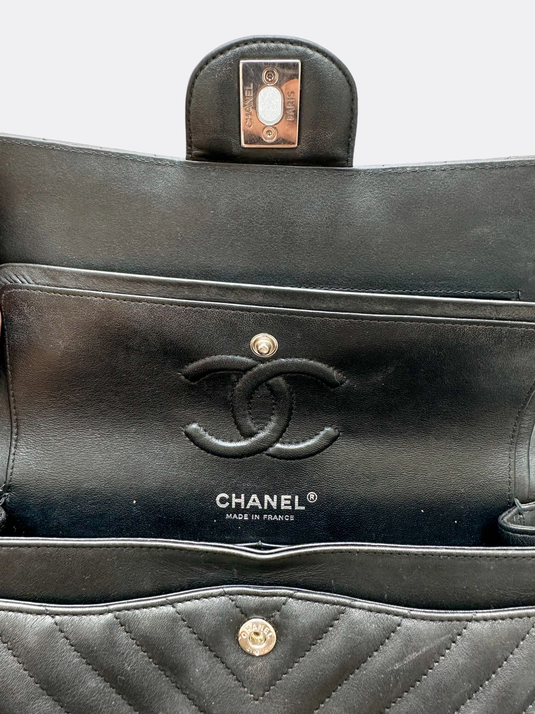 Chanel Black Lambskin Chevron Quilted Medium Double Flap Bag