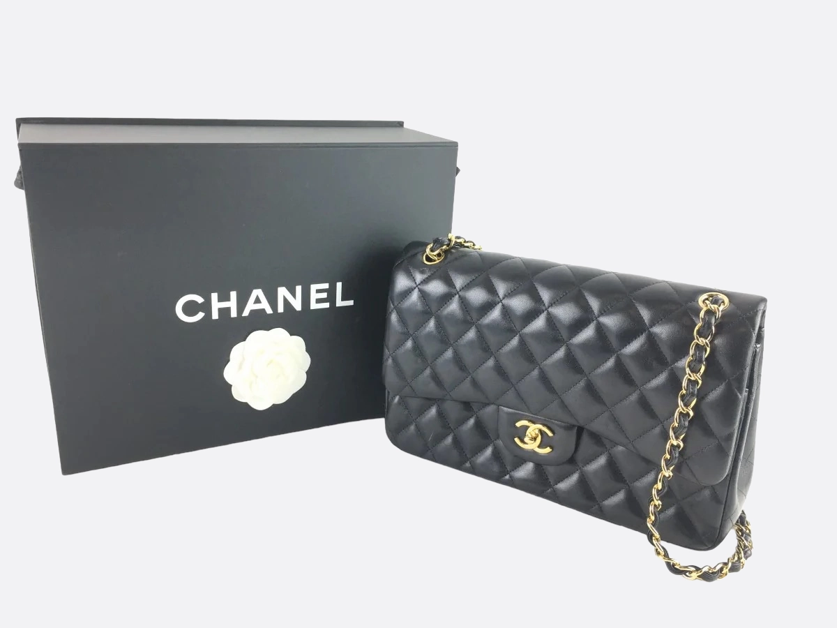 Chanel Black Lambskin Double Flap Jumbo Shoulder Bag