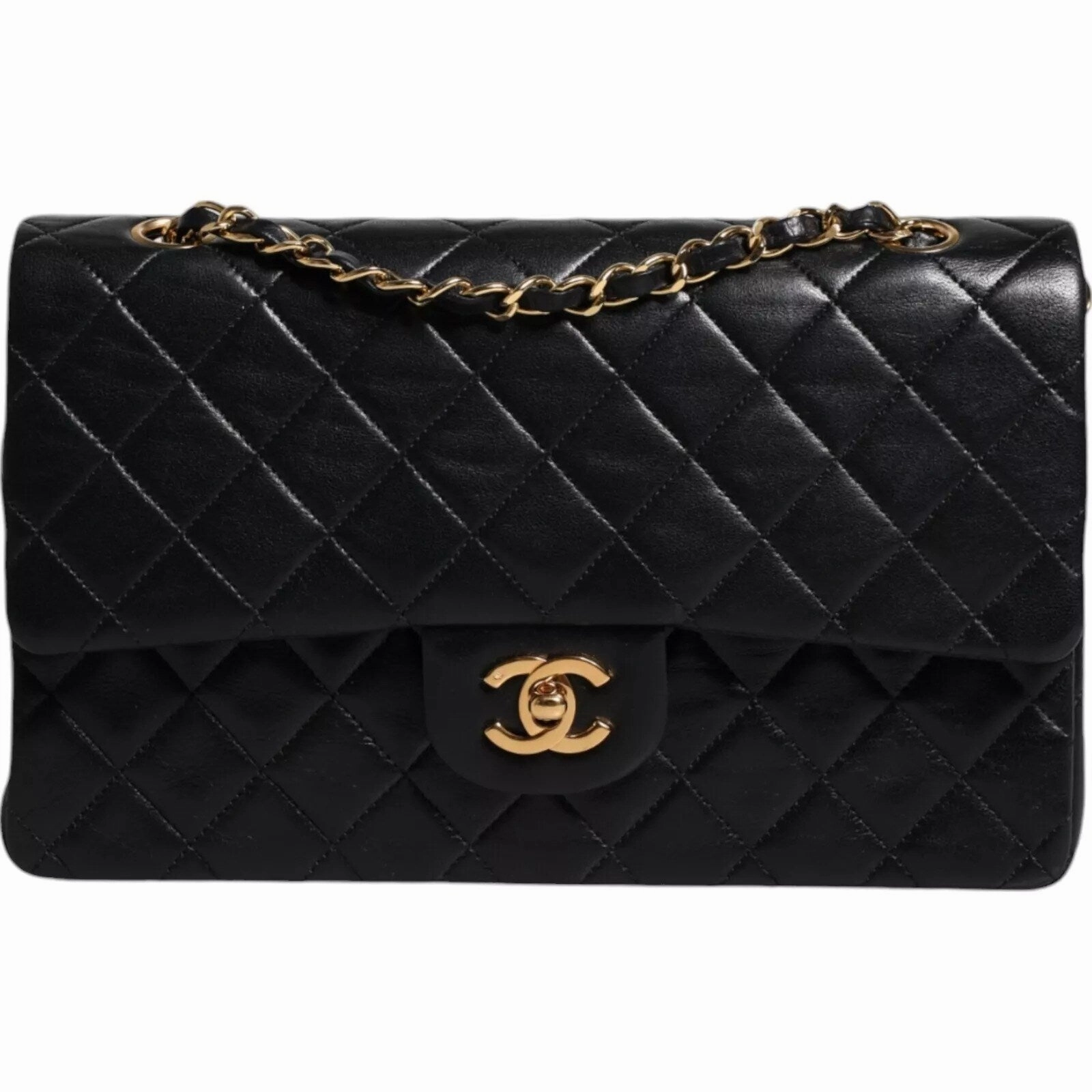 Chanel Black Lambskin Medium Classic Double Flap Quilted Gold Shoulder Women's Bag