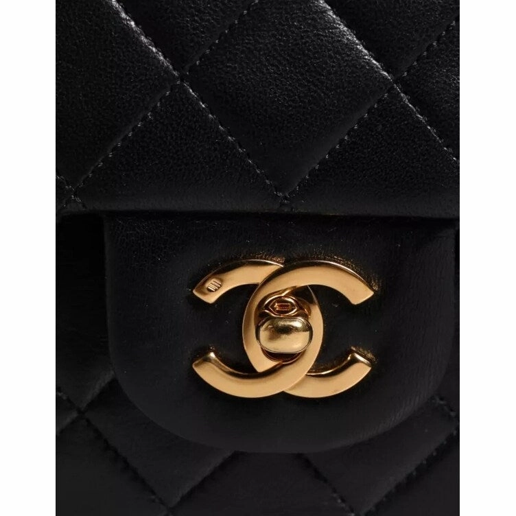 Chanel Black Lambskin Medium Classic Double Flap Quilted Gold Shoulder Women's Bag
