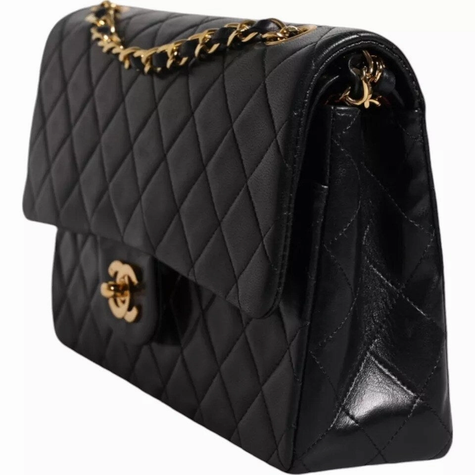 Chanel Black Lambskin Medium Classic Double Flap Quilted Gold Shoulder Women's Bag