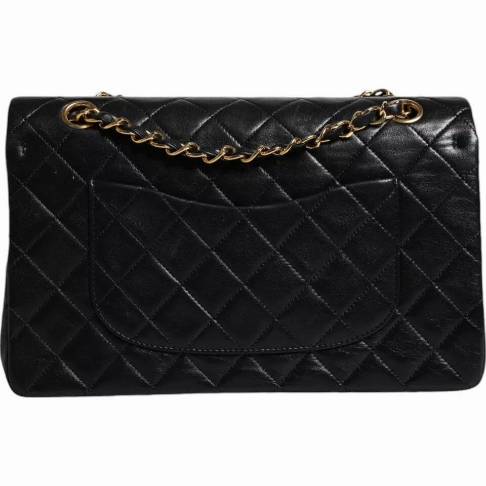 Chanel Black Lambskin Medium Classic Double Flap Quilted Gold Shoulder Women's Bag