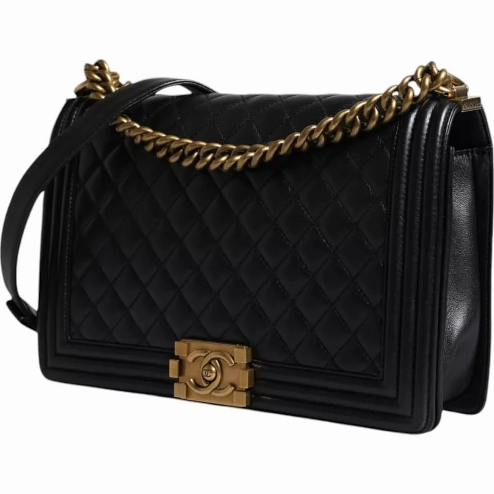 Chanel Black Large Lambskin Double Chain Gold Leather Shoulder Women's Bag