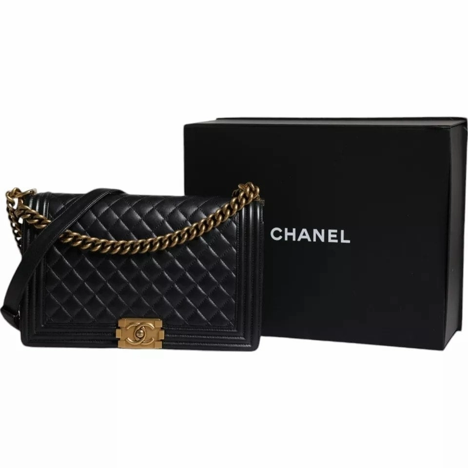 Chanel Black Large Lambskin Double Chain Gold Leather Shoulder Women's Bag