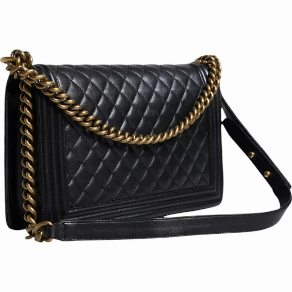 Chanel Black Large Lambskin Double Chain Gold Leather Shoulder Women's Bag