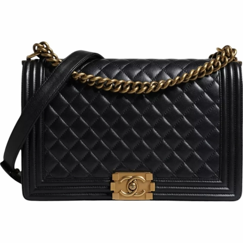 Chanel Black Large Lambskin Double Chain Gold Leather Shoulder Women's Bag