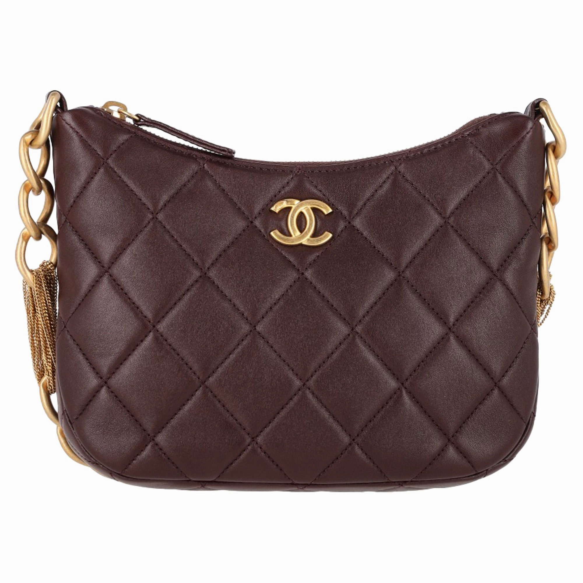 Chanel CC Quilted Mixed Chain Hobo Shoulder Bag in Brown Leather