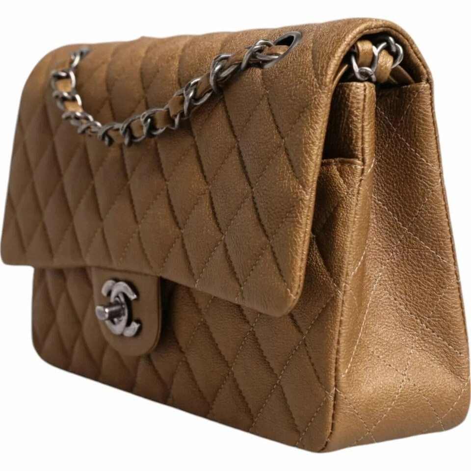 Chanel Dark Gold Medium Classic Double Flap Ruthenium Shoulder Women's Bag