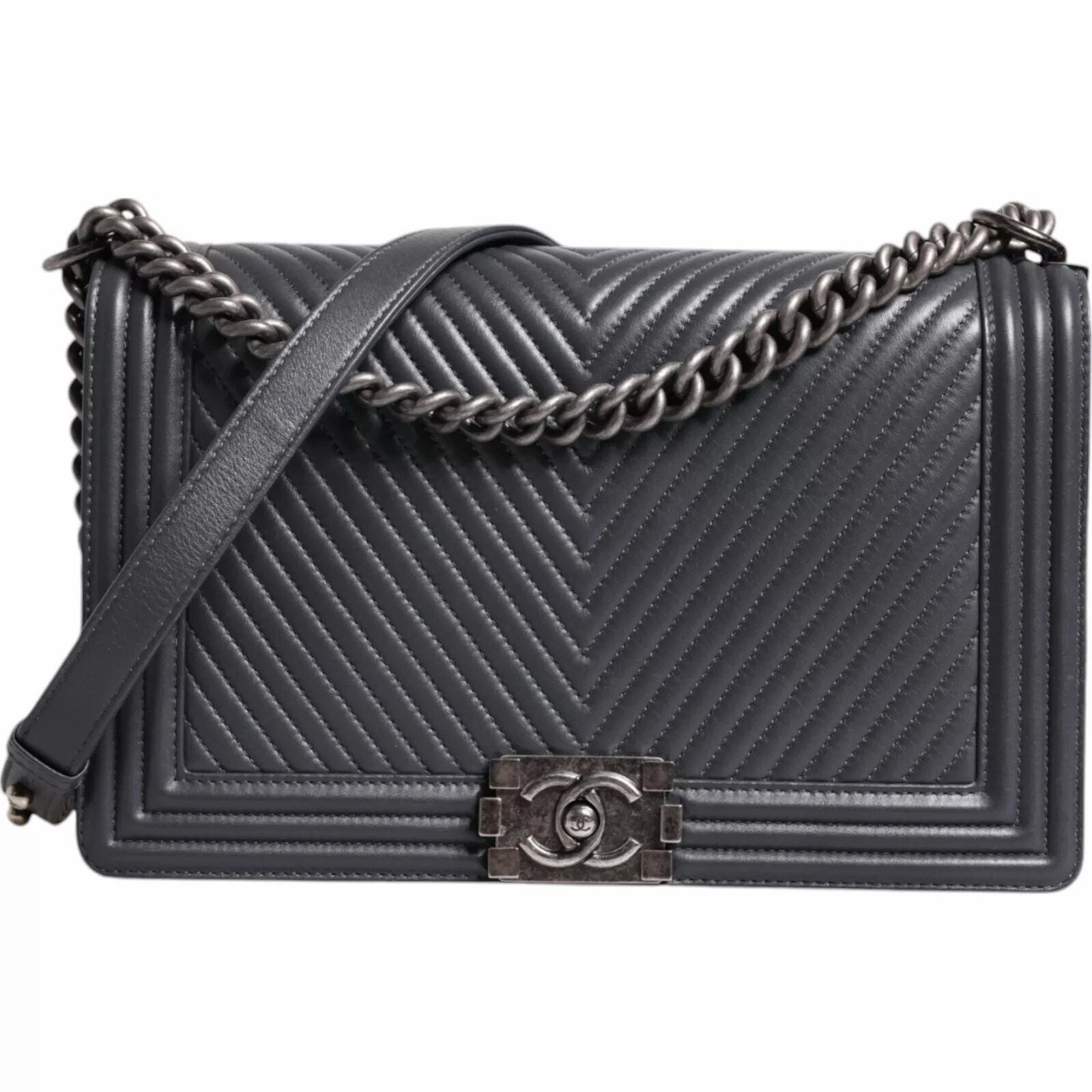 Chanel Gray Large Lambskin Chevron Double Chain Shoulder Silver Leather Women's Bag