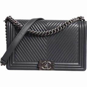 Chanel Gray Large Lambskin Chevron Double Chain Shoulder Silver Leather Women's Bag