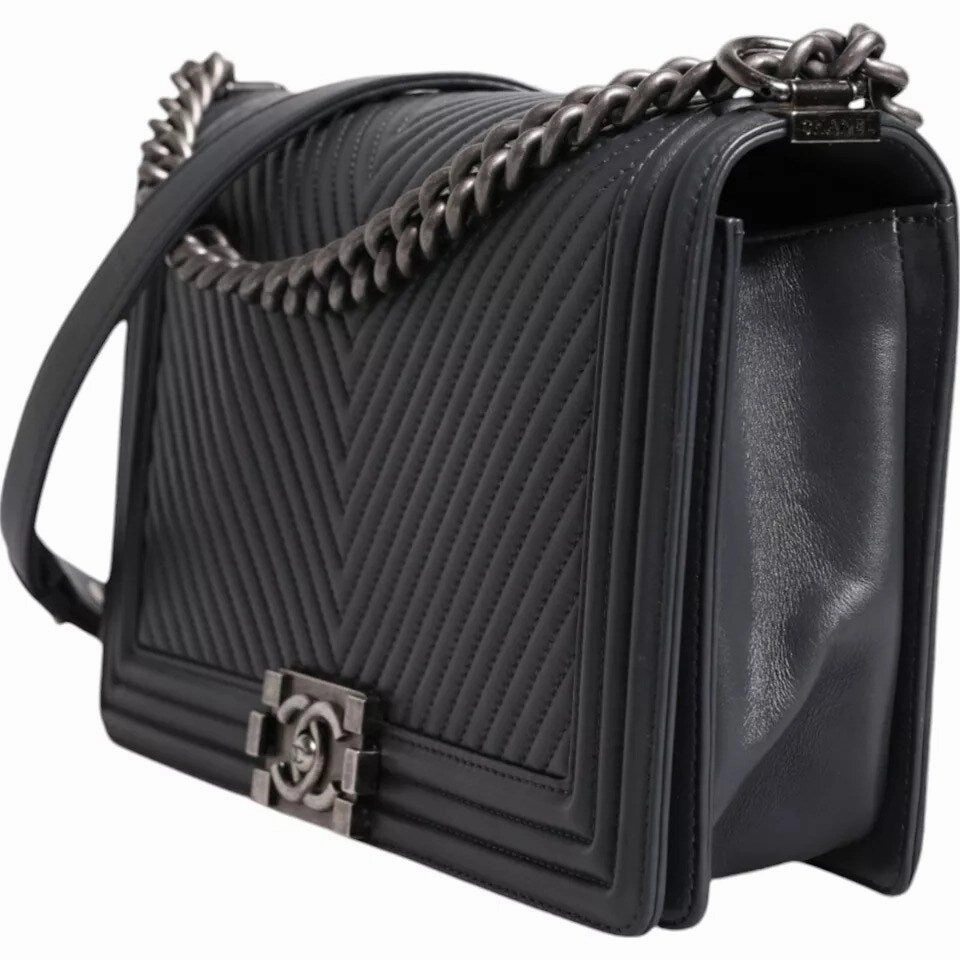 Chanel Gray Large Lambskin Chevron Double Chain Shoulder Silver Leather Women's Bag