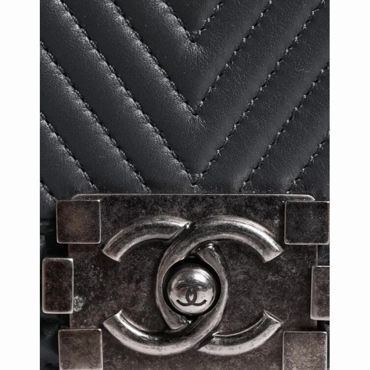 Chanel Gray Large Lambskin Chevron Double Chain Shoulder Silver Leather Women's Bag