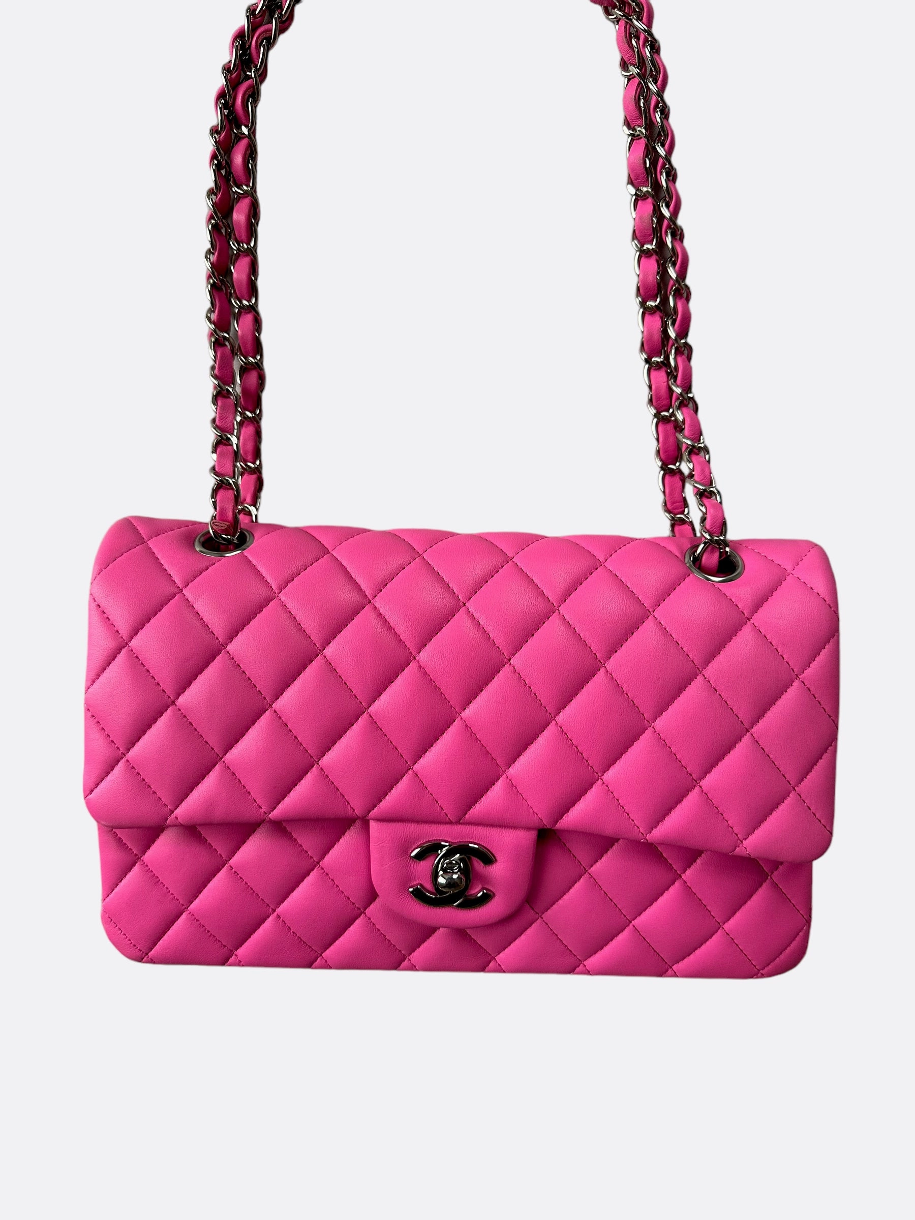 Chanel Hot Pink Lambskin Quilted Medium Double Flap Bag