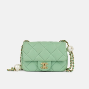 Chanel Mini Square Pearl Crush Flap Bag Green Tea Quilted Lambskin BGHW
