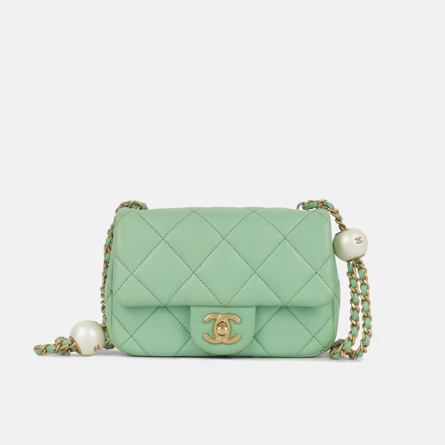 Chanel Mini Square Pearl Crush Flap Bag Green Tea Quilted Lambskin BGHW