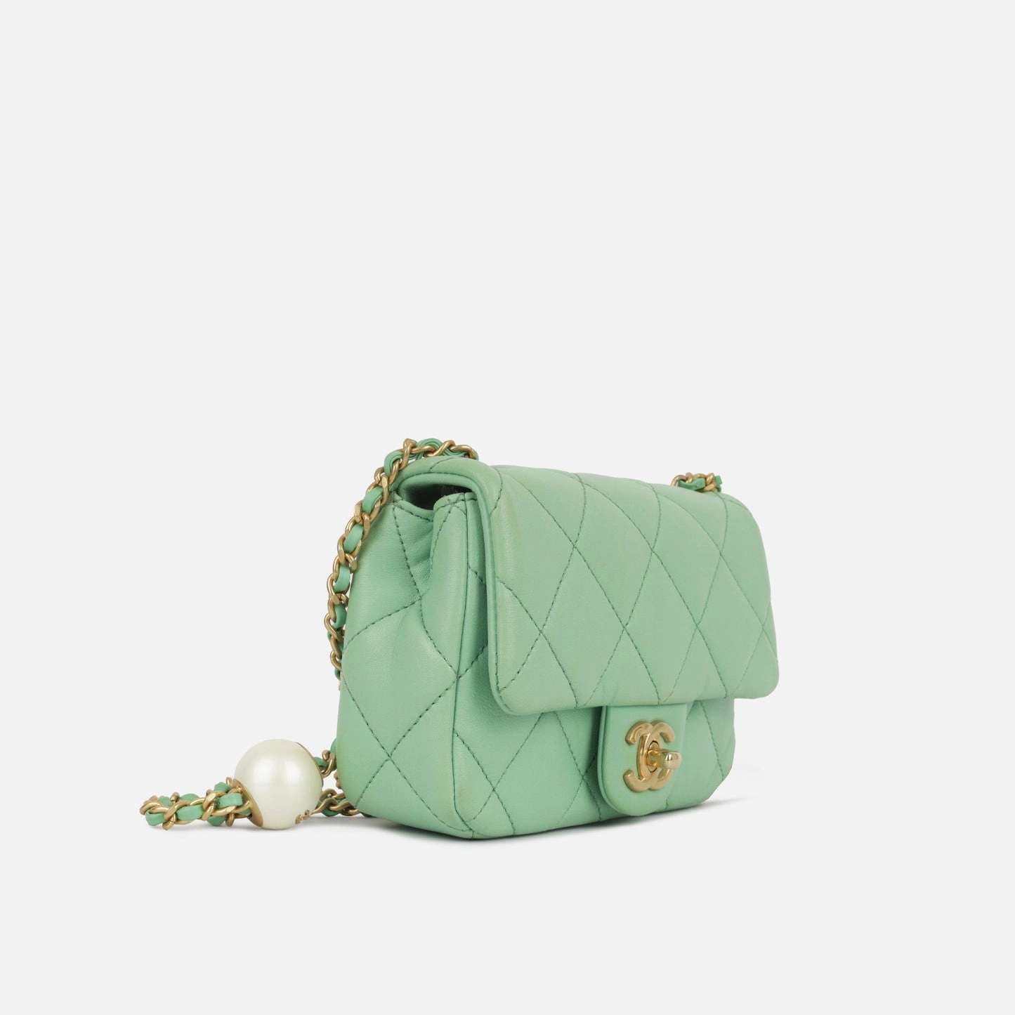 Chanel Mini Square Pearl Crush Flap Bag Green Tea Quilted Lambskin BGHW
