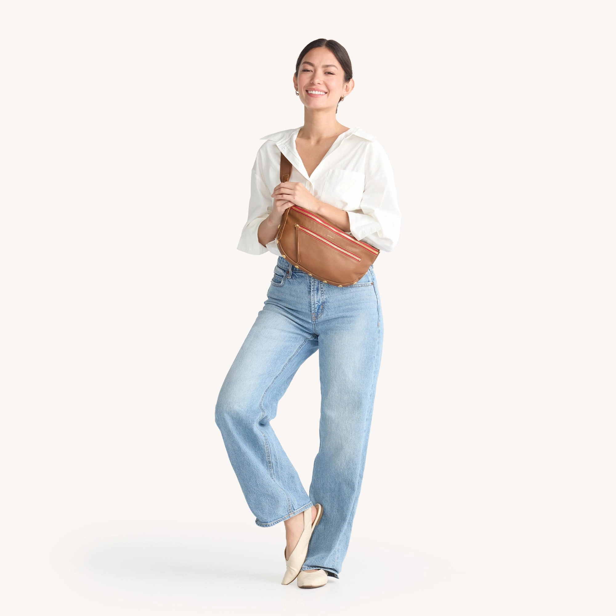 Charles Crossbody | Mahogany Pebble/Brushed Gold Red Zip | Lrg