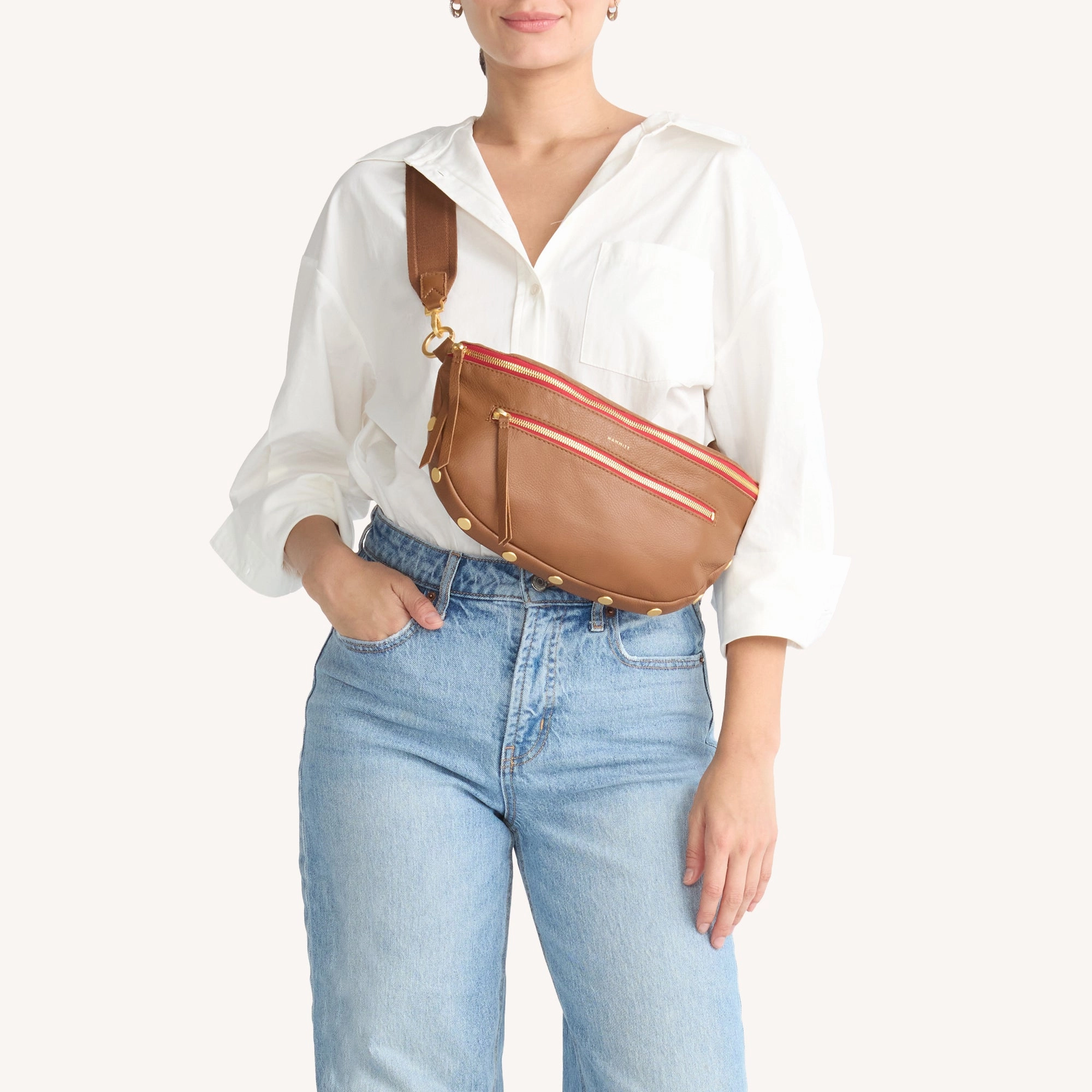 Charles Crossbody | Mahogany Pebble/Brushed Gold Red Zip | Lrg