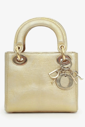 Christian Dior 2018 Gold Metallic Lizard Leather Mini Lady Dior with Strap