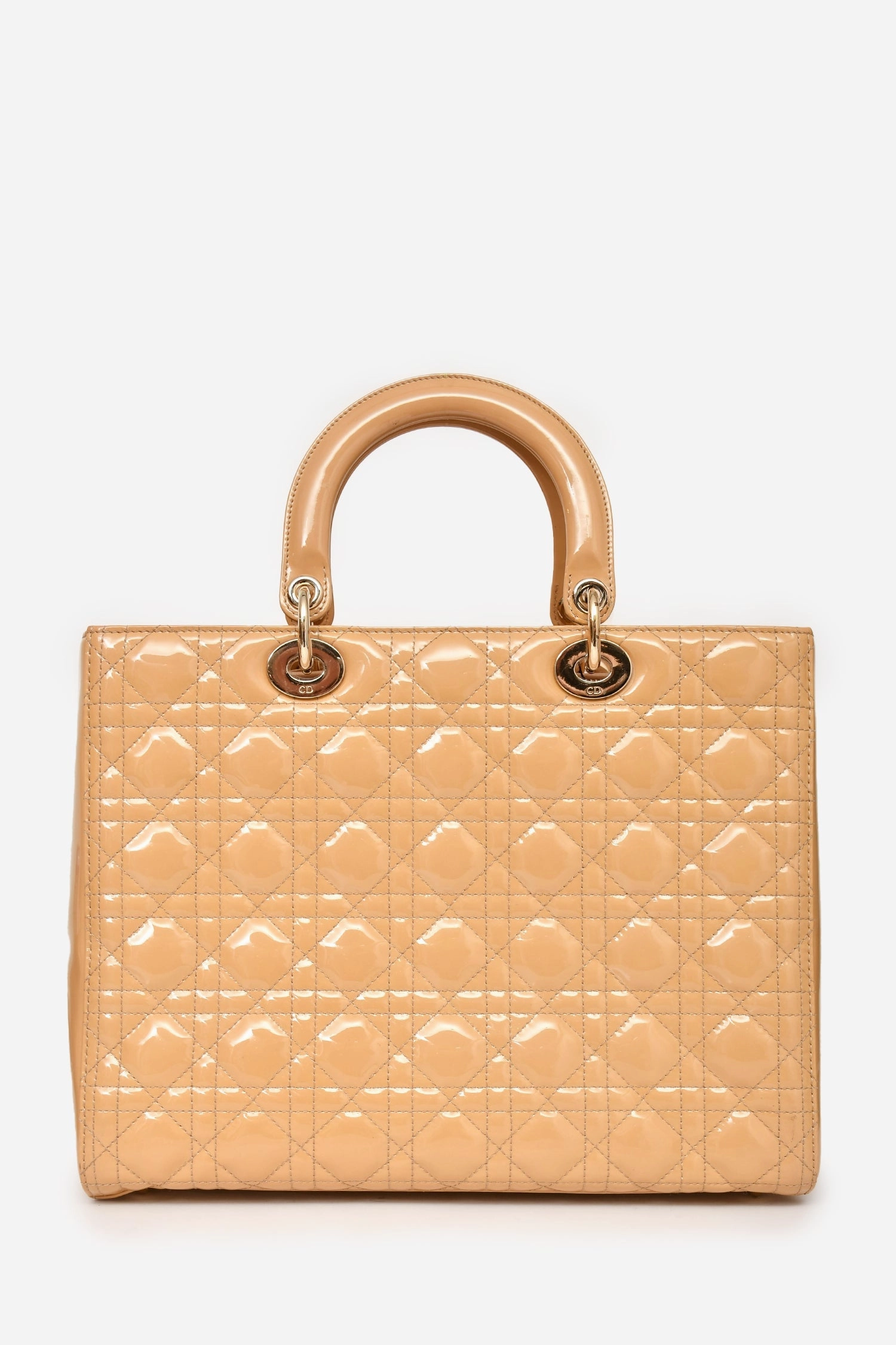 Christian Dior Beige Cannage Patent Leather Large Lady Dior Tote with Strap