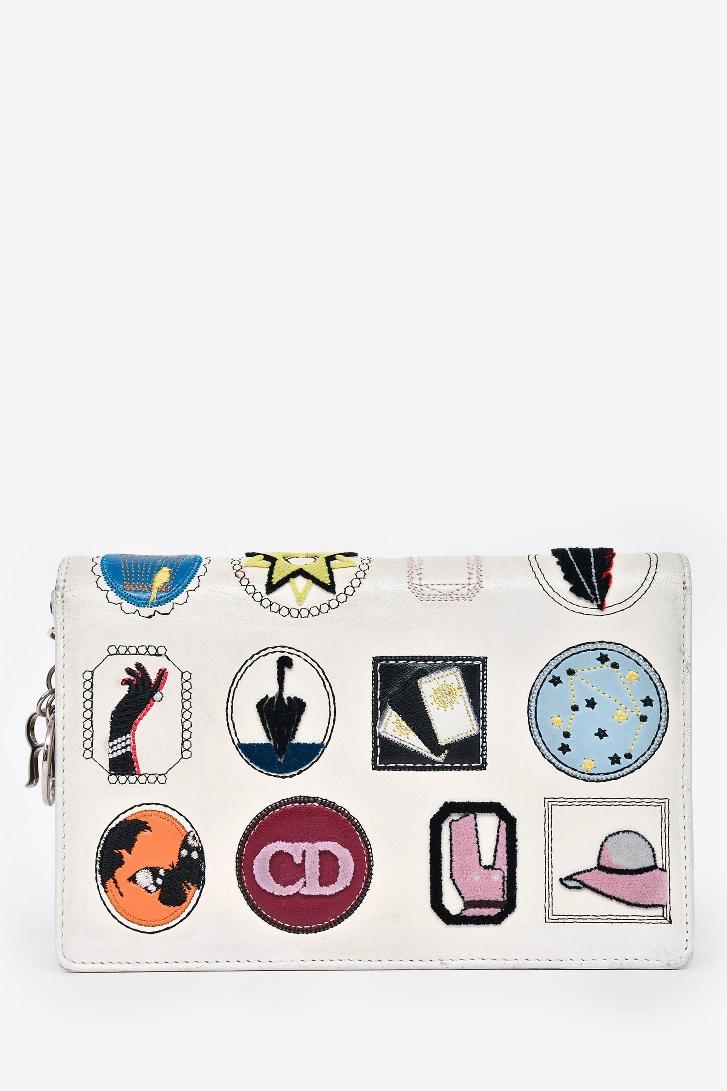 Christian Dior White Leather Patch Detail Wallet On Chain (As Is)