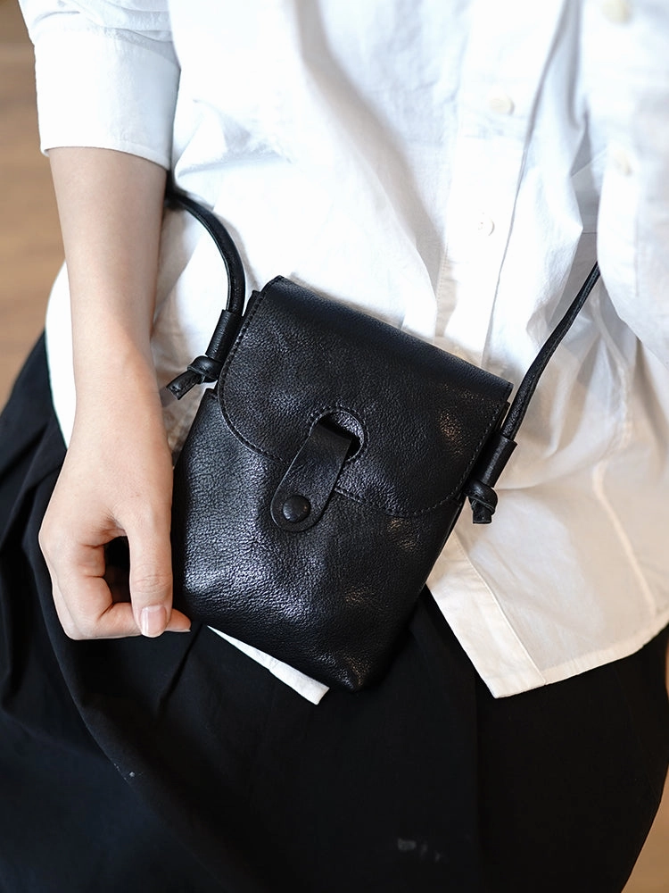 Classic Black Leather Small Phone Shoulder Bag Women Vertical Crossbody Bag for Women