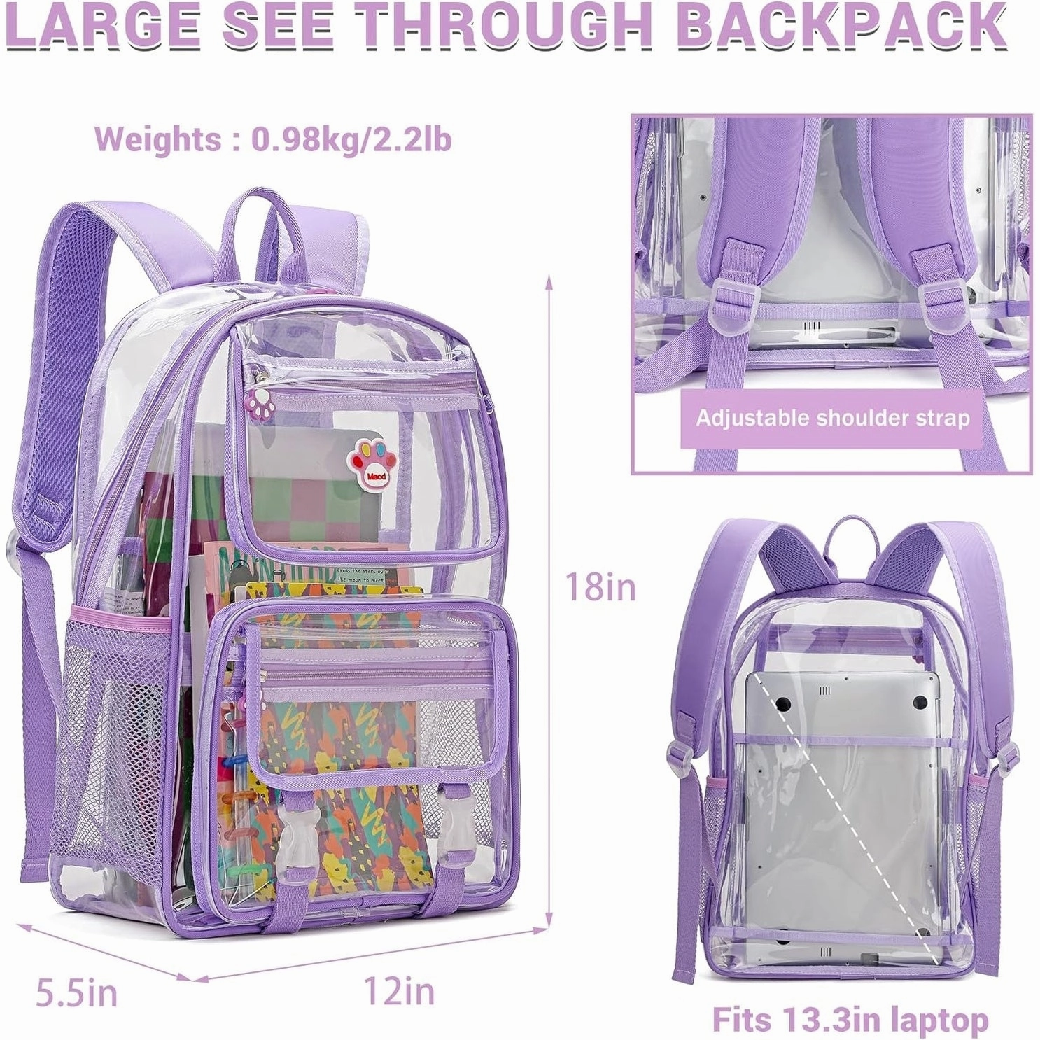 Clear Backpack Stadium Approved Heavy Duty for School Women Men Large PVC Transparent Bookbags with Adjustable Shoulders