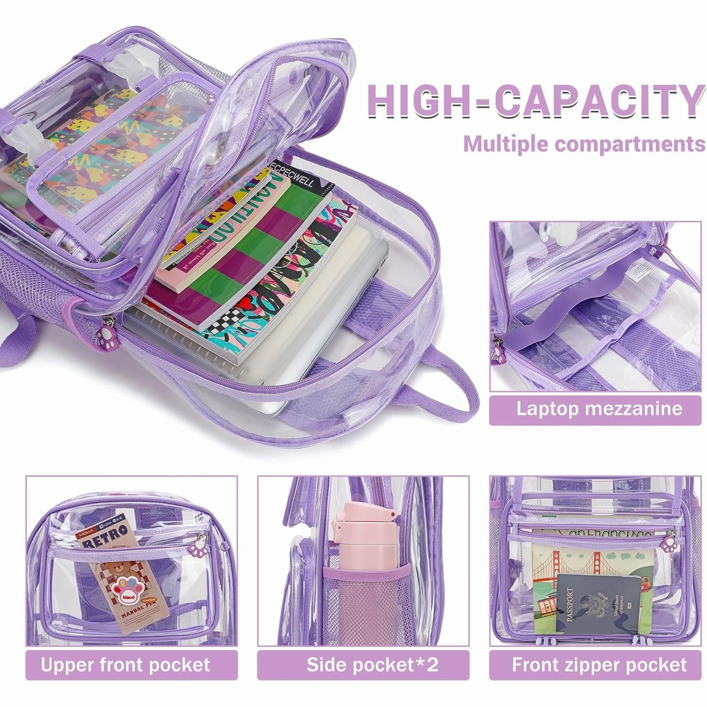 Clear Backpack Stadium Approved Heavy Duty for School Women Men Large PVC Transparent Bookbags with Adjustable Shoulders