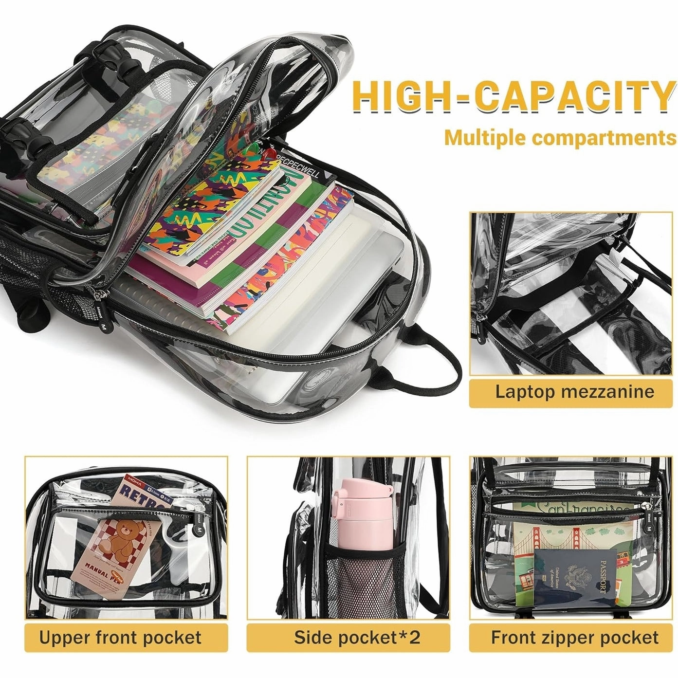 Clear Backpack Stadium Approved Heavy Duty for School Women Men Large PVC Transparent Bookbags with Adjustable Shoulders